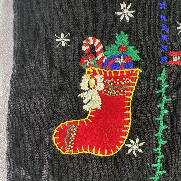 Vtg VICTORIA JONES Tunic Sweater Beaded Ugly Christmas Holiday Womens M Black - Picture 11 of 12